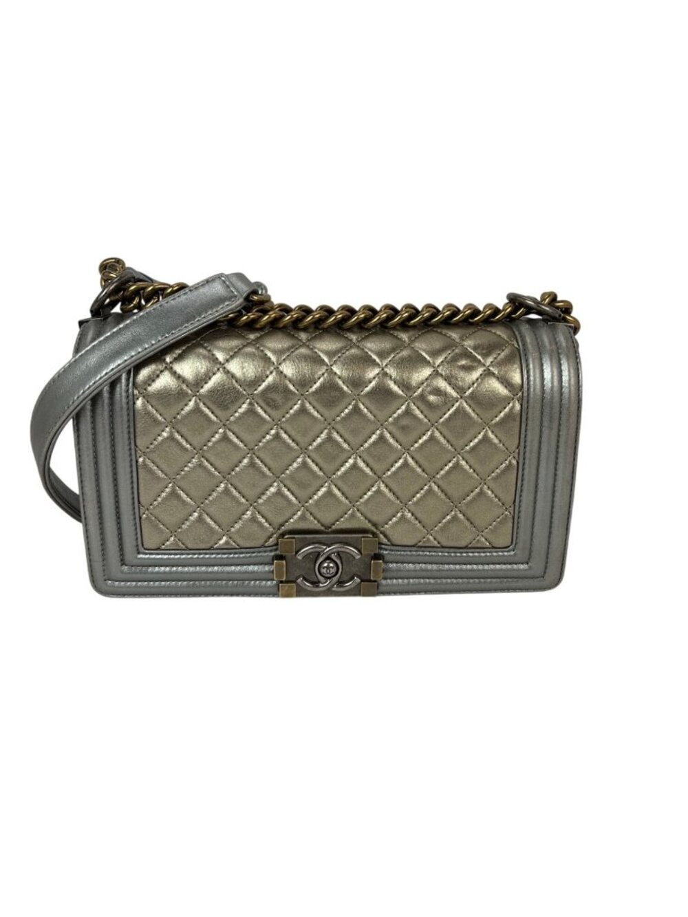 Chanel Metallic Calfskin Quilted Medium Boy Flap Khaki Silver Shoulder Bag
